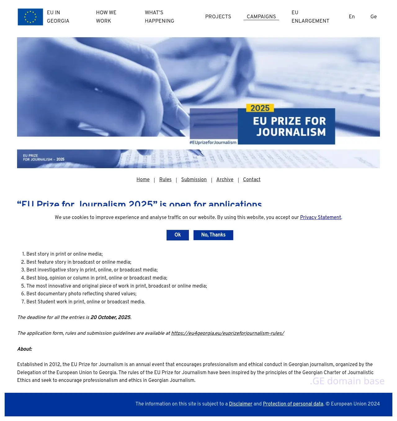 Screenshot of the site euprizejournalism.ge